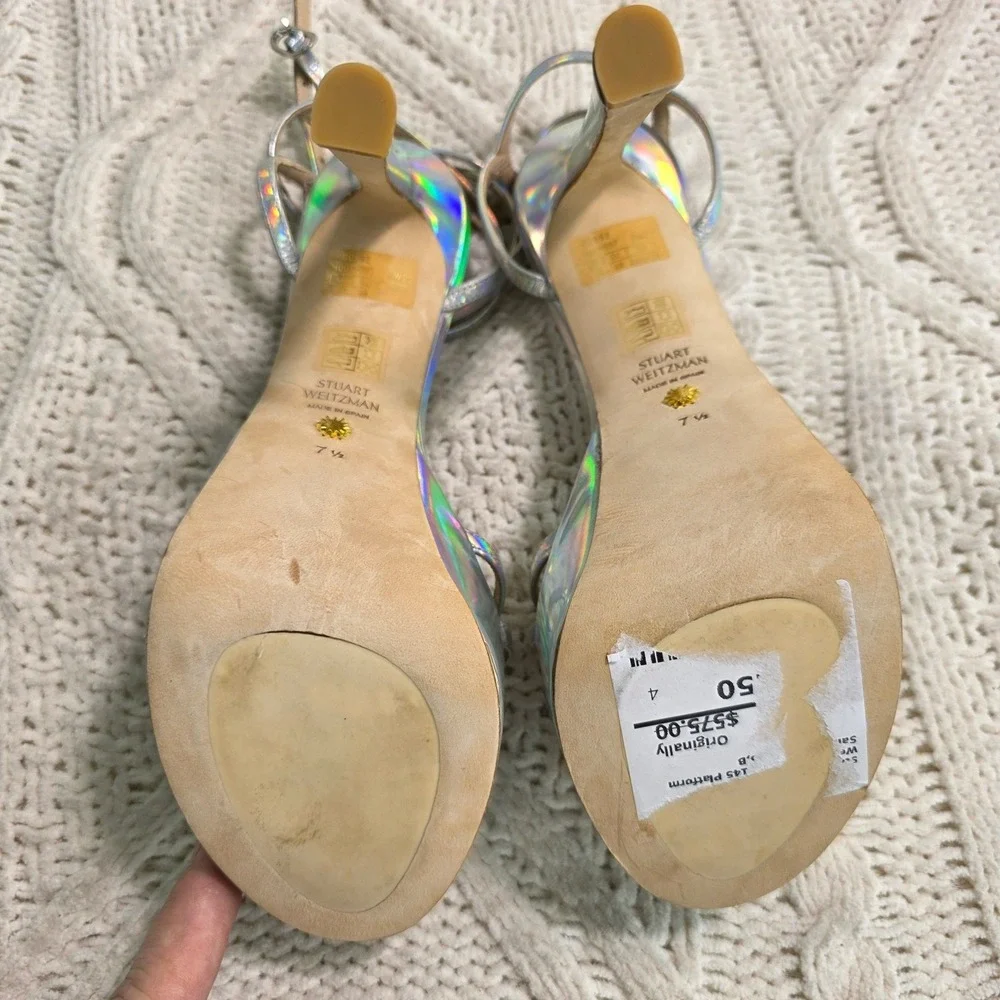 Stuart Weitzman‎ Soiree 145 Platform Silver Holographic Heels Sandals 7.5 NEW
